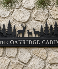 Personalized Custom Metal Sign Cabin Deer Pine Trees