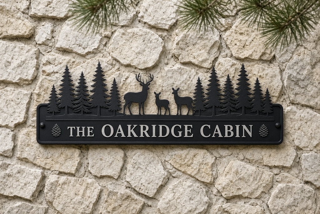 Personalized Custom Metal Sign Cabin Deer Pine Trees